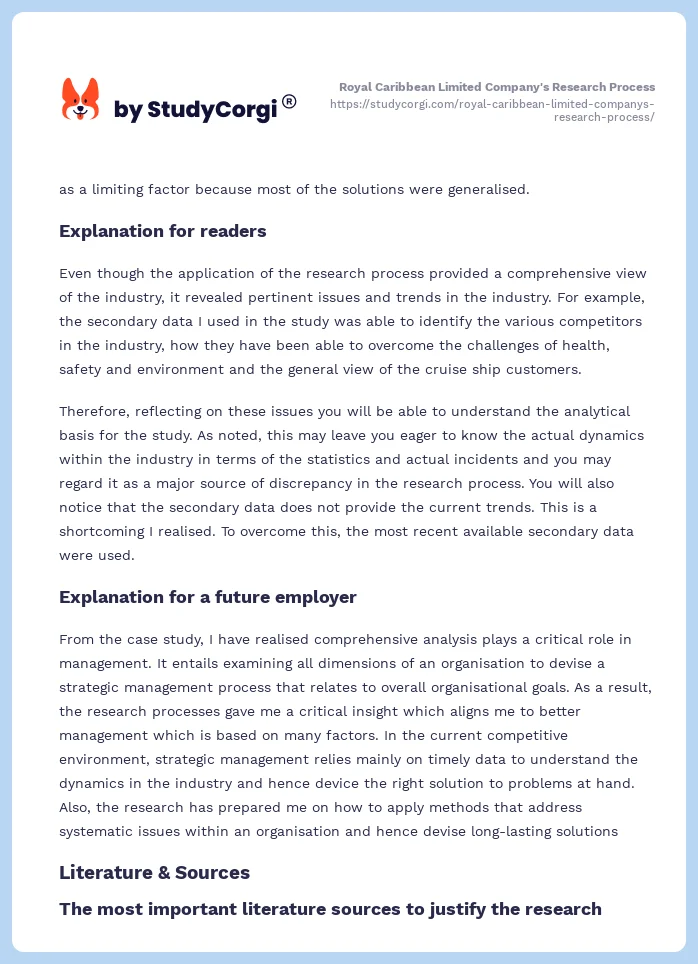 Royal Caribbean Limited Company's Research Process. Page 2