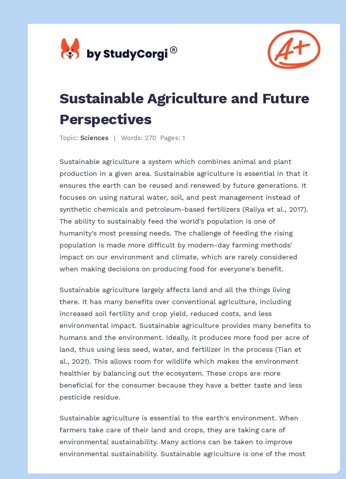 Sustainable Agriculture and Future Perspectives. Page 1