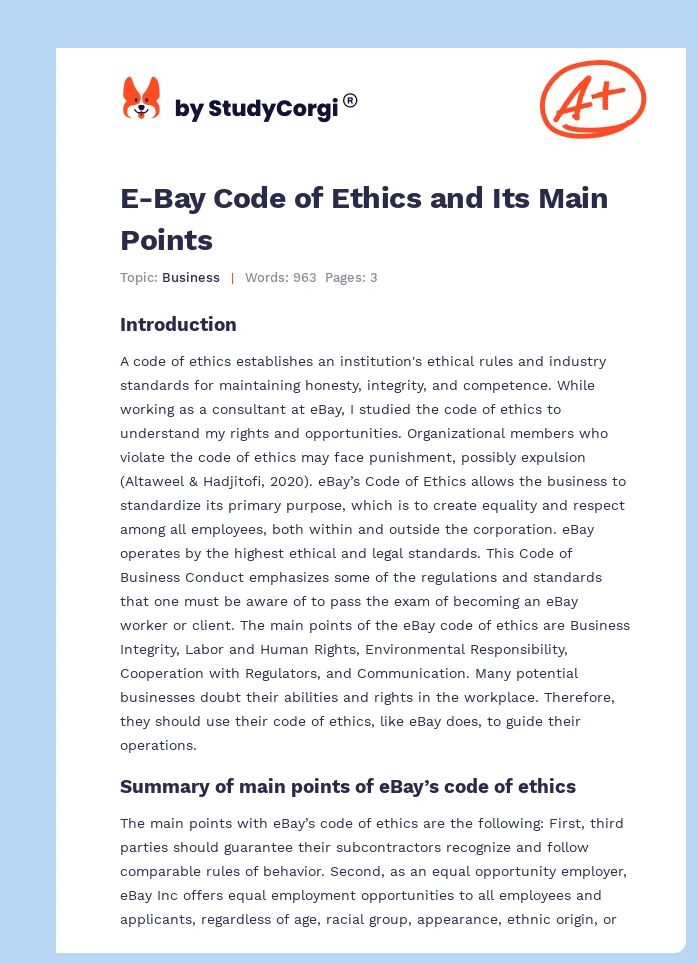 E-Bay Code of Ethics and Its Main Points. Page 1