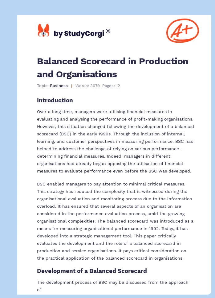Balanced Scorecard in Production and Organisations. Page 1