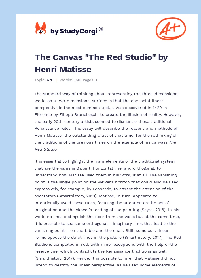 The Canvas "The Red Studio" by Henri Matisse. Page 1