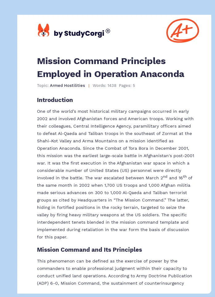 Mission Command Principles Employed in Operation Anaconda. Page 1
