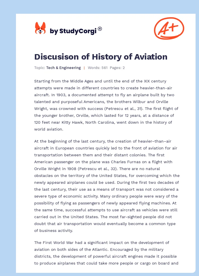 Discusison of History of Aviation. Page 1