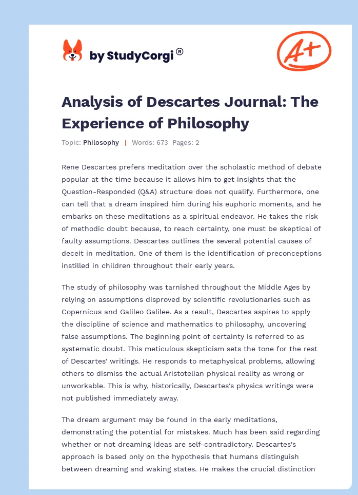 Analysis of Descartes Journal: The Experience of Philosophy. Page 1