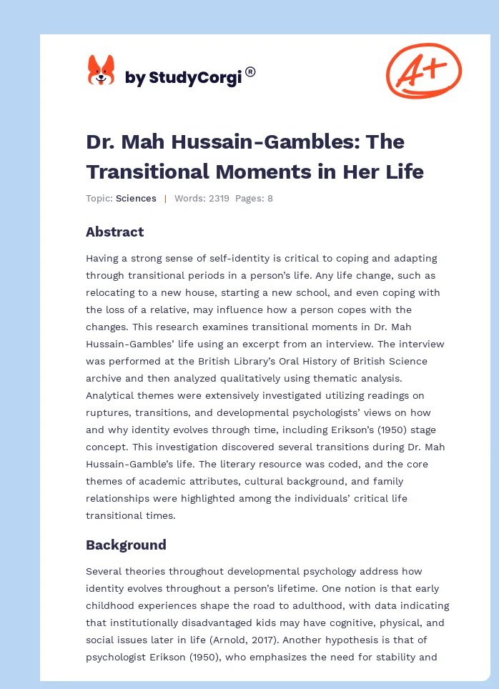 Dr. Mah Hussain-Gambles: The Transitional Moments in Her Life. Page 1