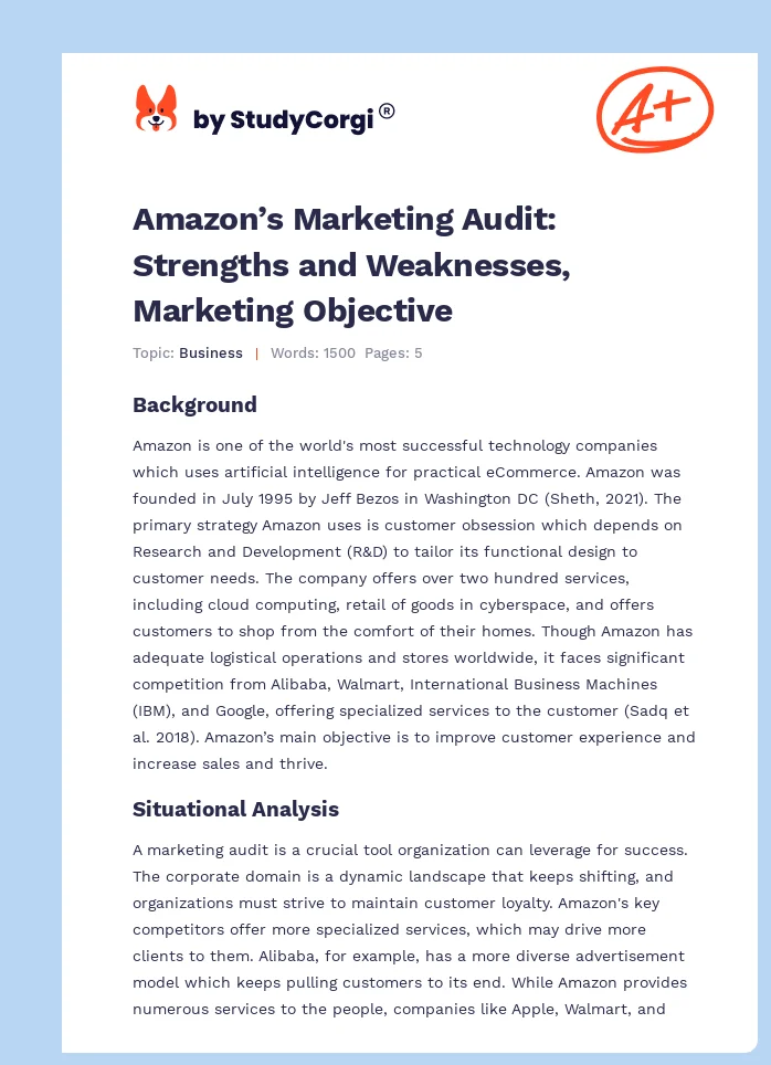 Amazon’s Marketing Audit: Strengths and Weaknesses, Marketing Objective. Page 1
