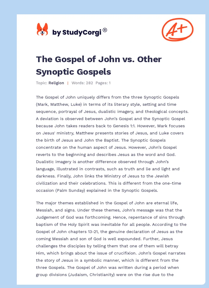 The Gospel of John vs. Other Synoptic Gospels. Page 1