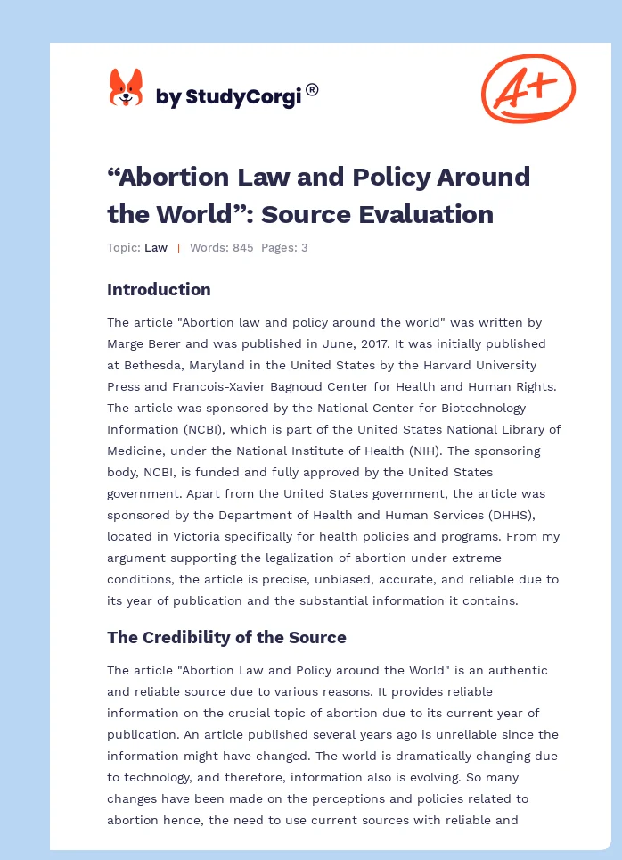 “Abortion Law and Policy Around the World”: Source Evaluation. Page 1