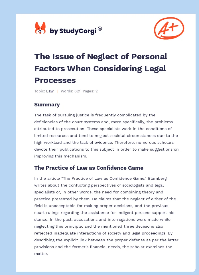 The Issue of Neglect of Personal Factors When Considering Legal Processes. Page 1