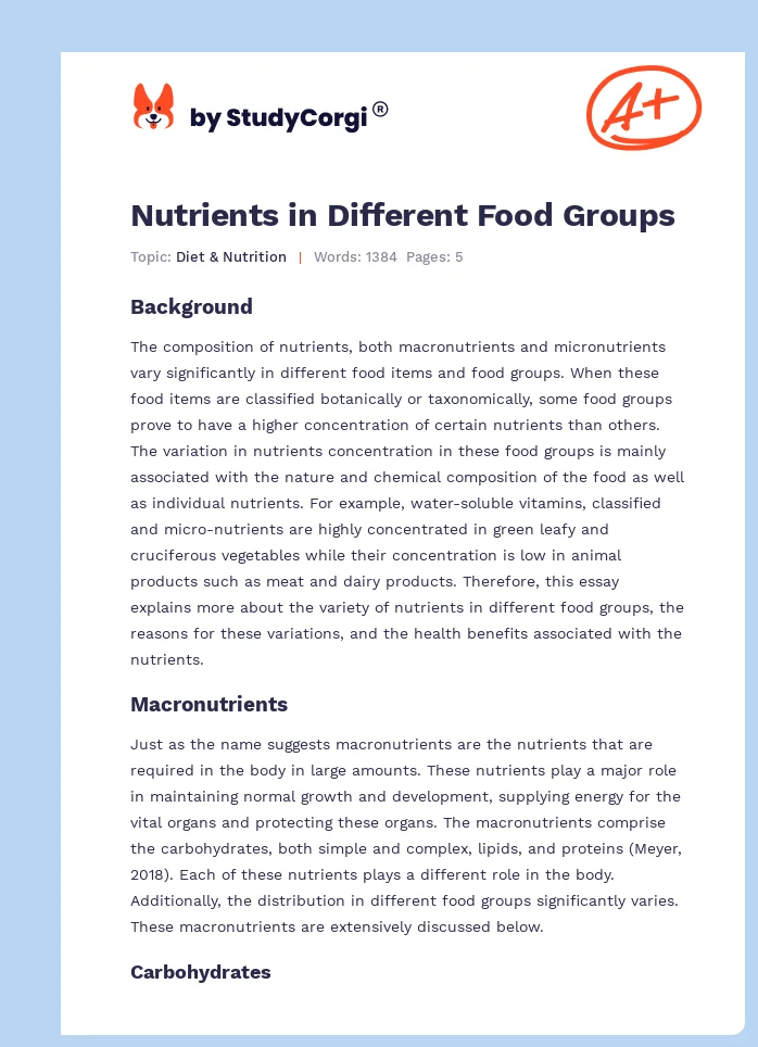 Nutrients in Different Food Groups. Page 1