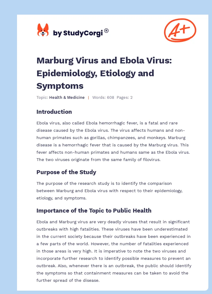Marburg Virus and Ebola Virus: Epidemiology, Etiology and Symptoms. Page 1