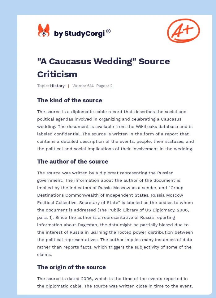 "A Caucasus Wedding" Source Criticism. Page 1