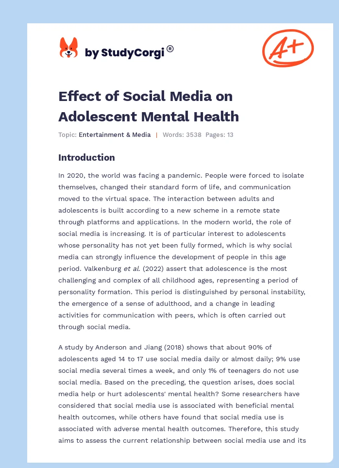 Effect of Social Media on Adolescent Mental Health. Page 1