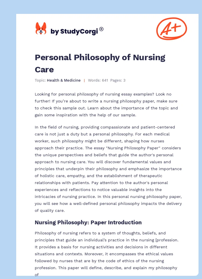 Personal Philosophy of Nursing Care. Page 1