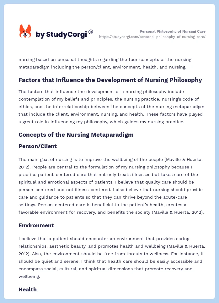 Personal Philosophy of Nursing Care. Page 2