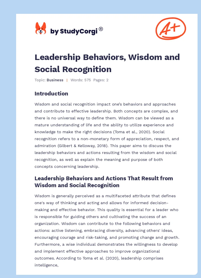 Leadership Behaviors, Wisdom and Social Recognition. Page 1