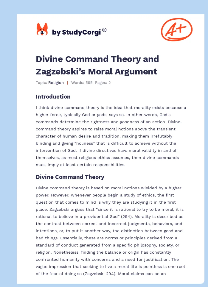 Divine Command Theory and Zagzebski’s Moral Argument. Page 1