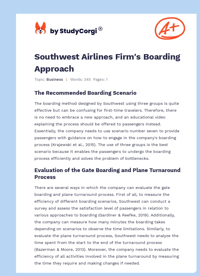 Southwest Airlines Firm's Boarding Approach. Page 1