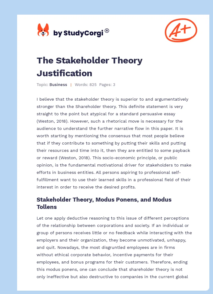 The Stakeholder Theory Justification. Page 1