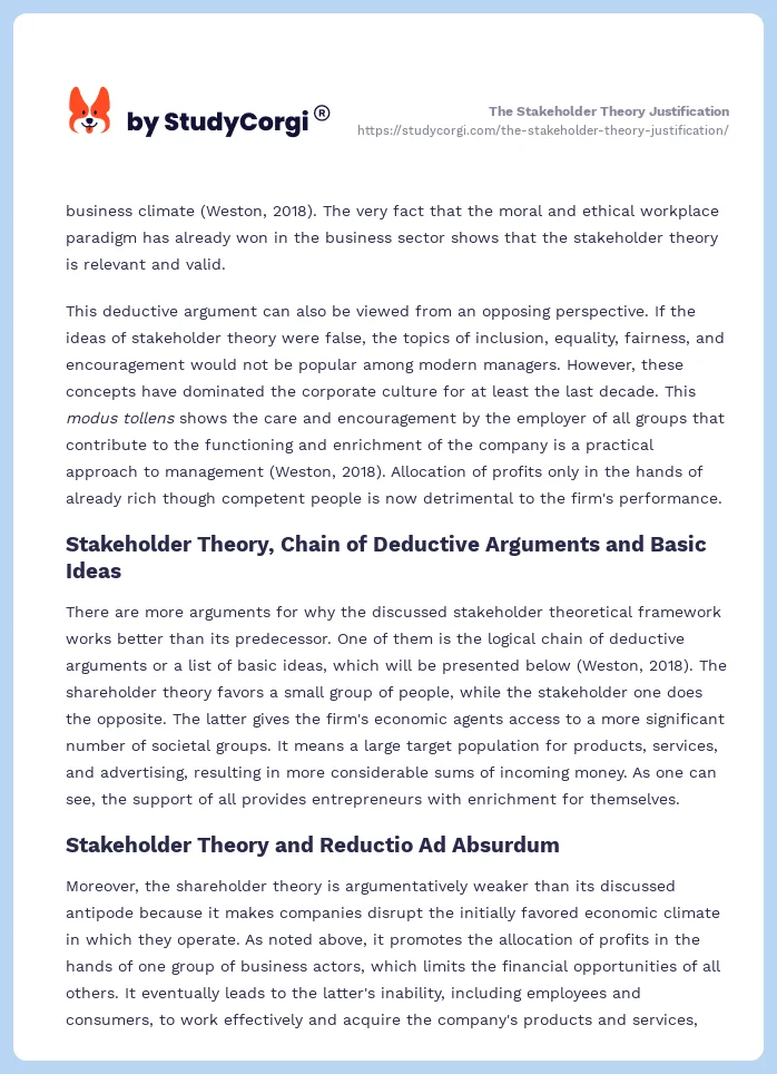 The Stakeholder Theory Justification. Page 2