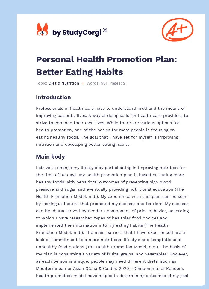 Personal Health Promotion Plan: Better Eating Habits. Page 1