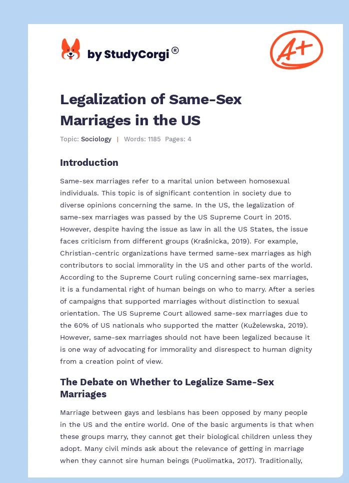Legalization Of Same Sex Marriages In The Us Free Essay Example