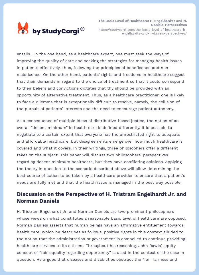 The Basic Level of Healthcare: H. Engelhardt's and N. Daniels' Perspectives. Page 2