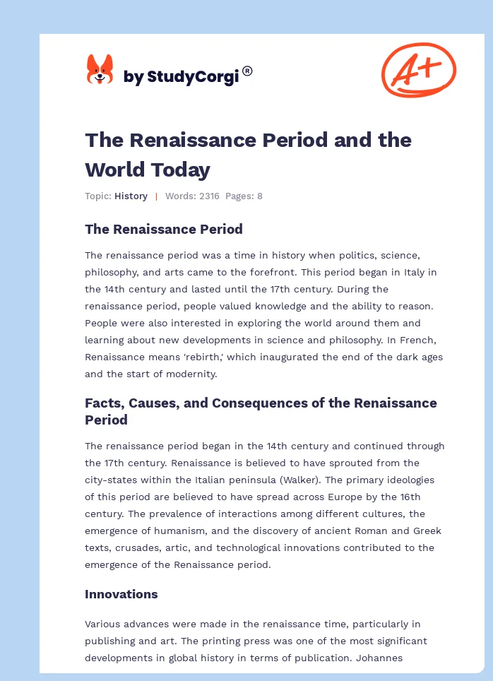 The Renaissance Period and the World Today. Page 1