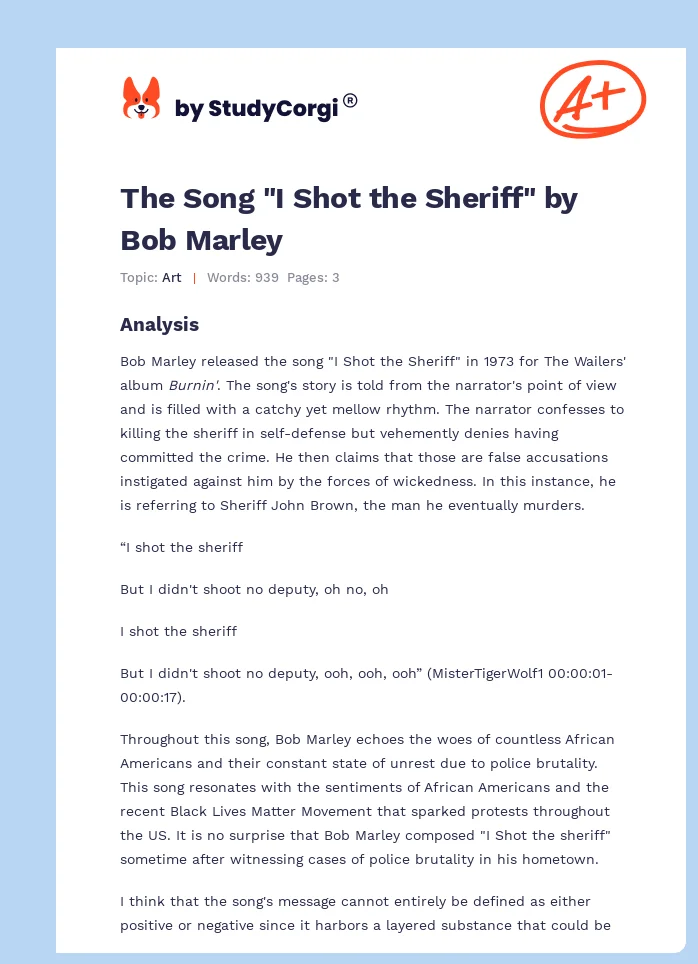 The Song "I Shot the Sheriff" by Bob Marley. Page 1