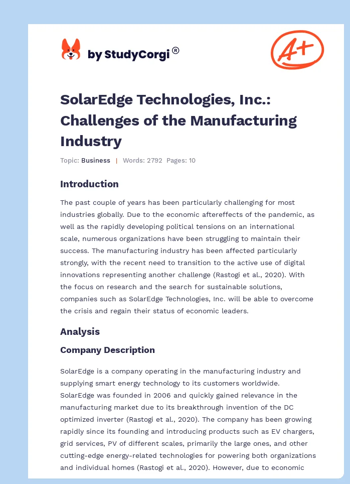 SolarEdge Technologies, Inc.: Challenges of the Manufacturing Industry. Page 1