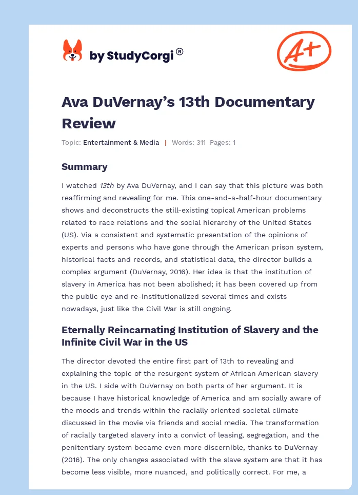 Ava DuVernay’s 13th Documentary Review. Page 1