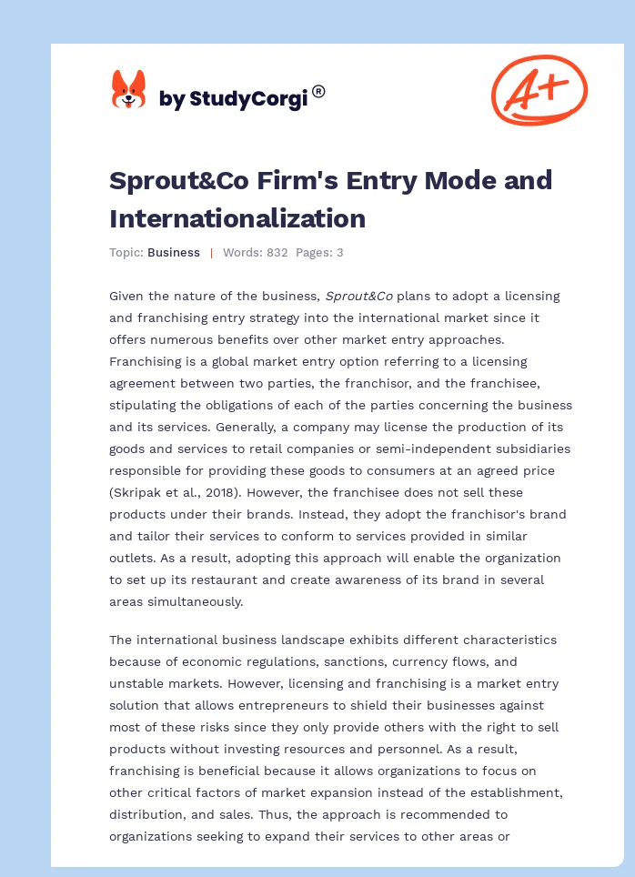 Sprout&Co Firm's Entry Mode and Internationalization. Page 1