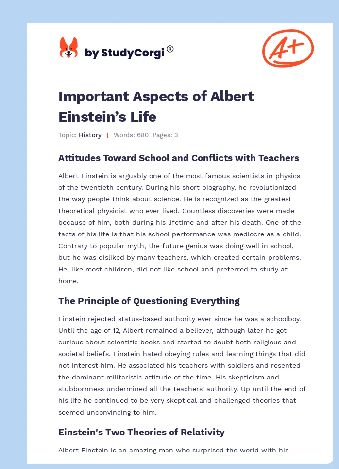 Important Aspects of Albert Einstein’s Life. Page 1
