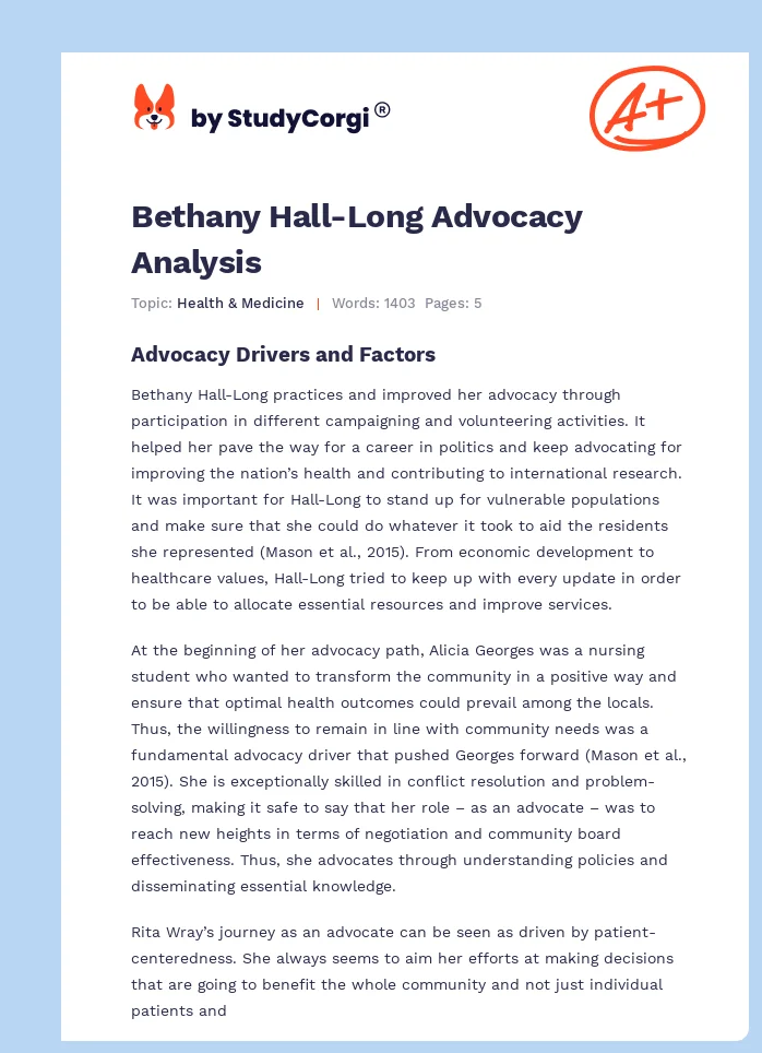 Bethany Hall-Long Advocacy Analysis. Page 1