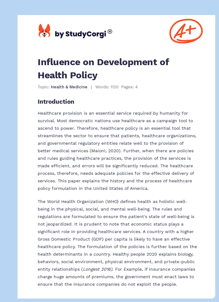 Influence on Development of Health Policy. Page 1