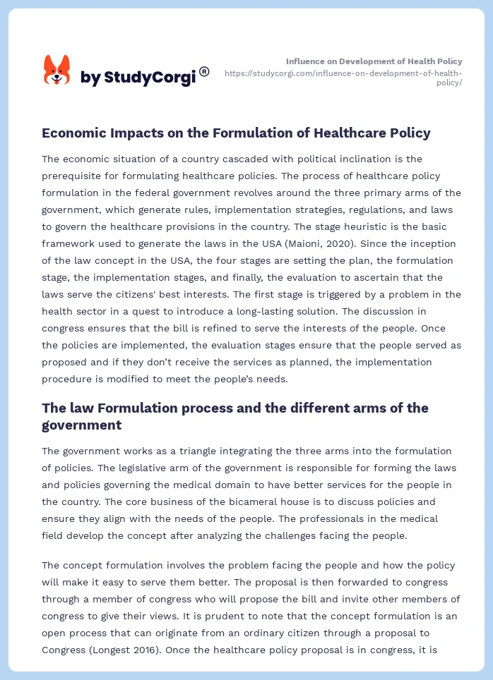 Influence on Development of Health Policy. Page 2