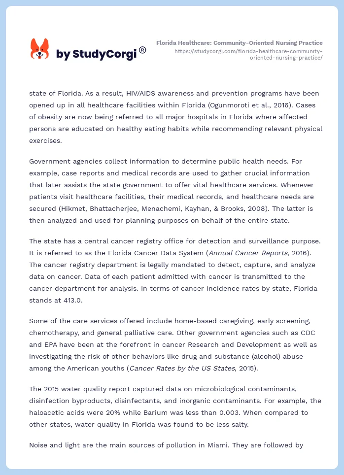 Florida Healthcare: Community-Oriented Nursing Practice. Page 2