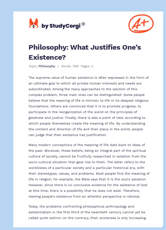 Philosophy: What Justifies One’s Existence?. Page 1