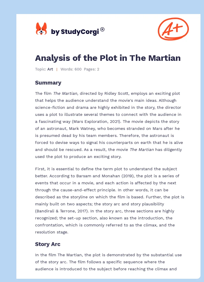 Analysis of the Plot in The Martian. Page 1