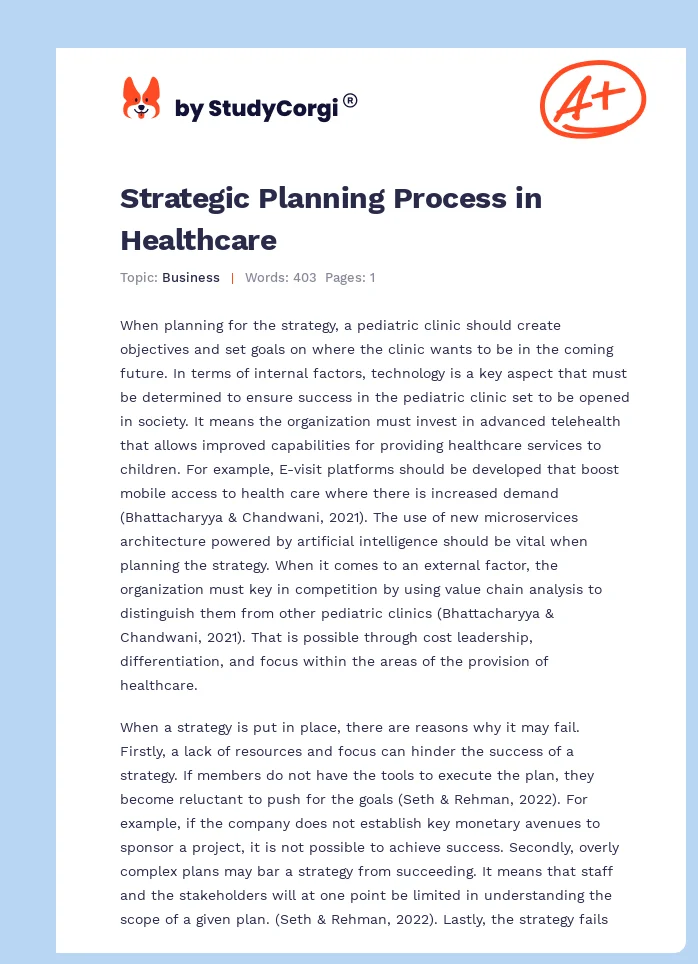 Strategic Planning Process in Healthcare. Page 1