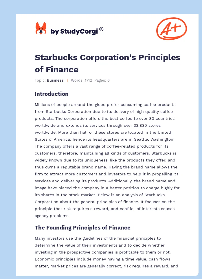 Starbucks Corporation's Principles of Finance. Page 1