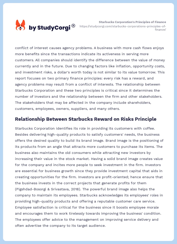 Starbucks Corporation's Principles of Finance. Page 2