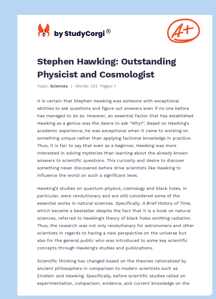 Stephen Hawking: Outstanding Physicist and Cosmologist. Page 1