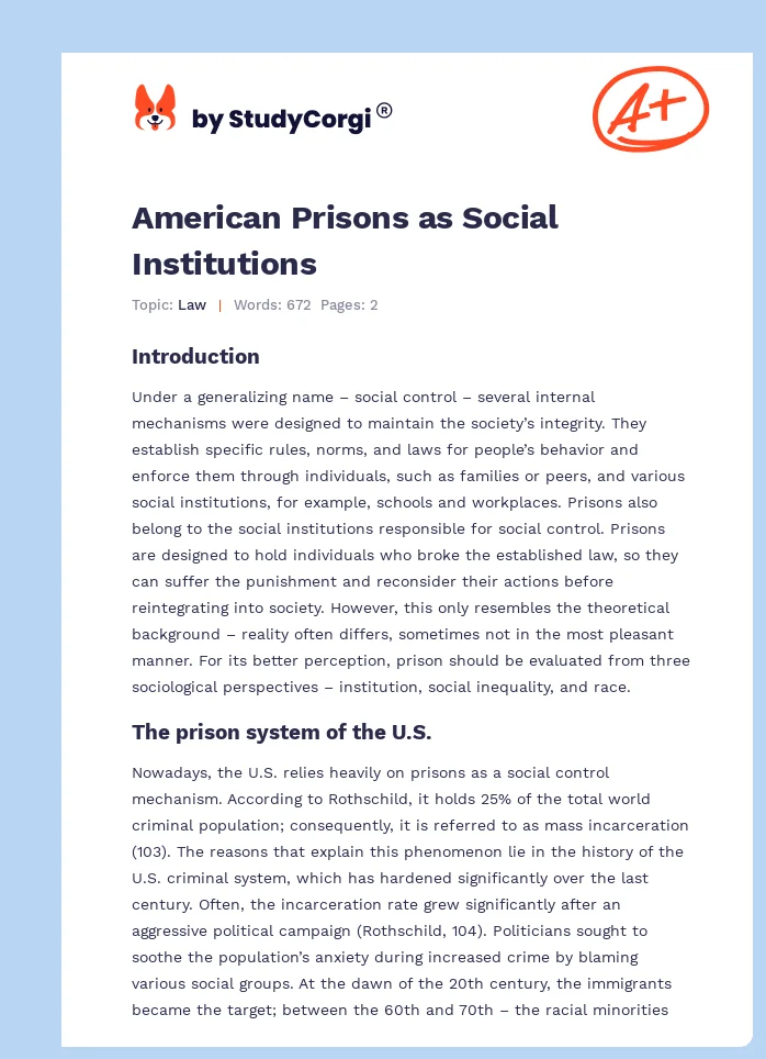 American Prisons as Social Institutions. Page 1