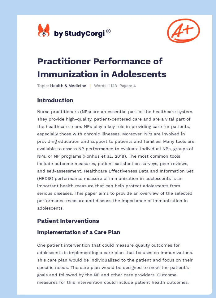 Practitioner Performance of Immunization in Adolescents. Page 1