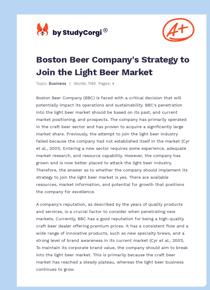 Boston Beer Company's Strategy to Join the Light Beer Market. Page 1