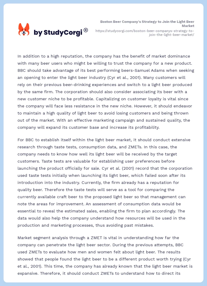 Boston Beer Company's Strategy to Join the Light Beer Market. Page 2