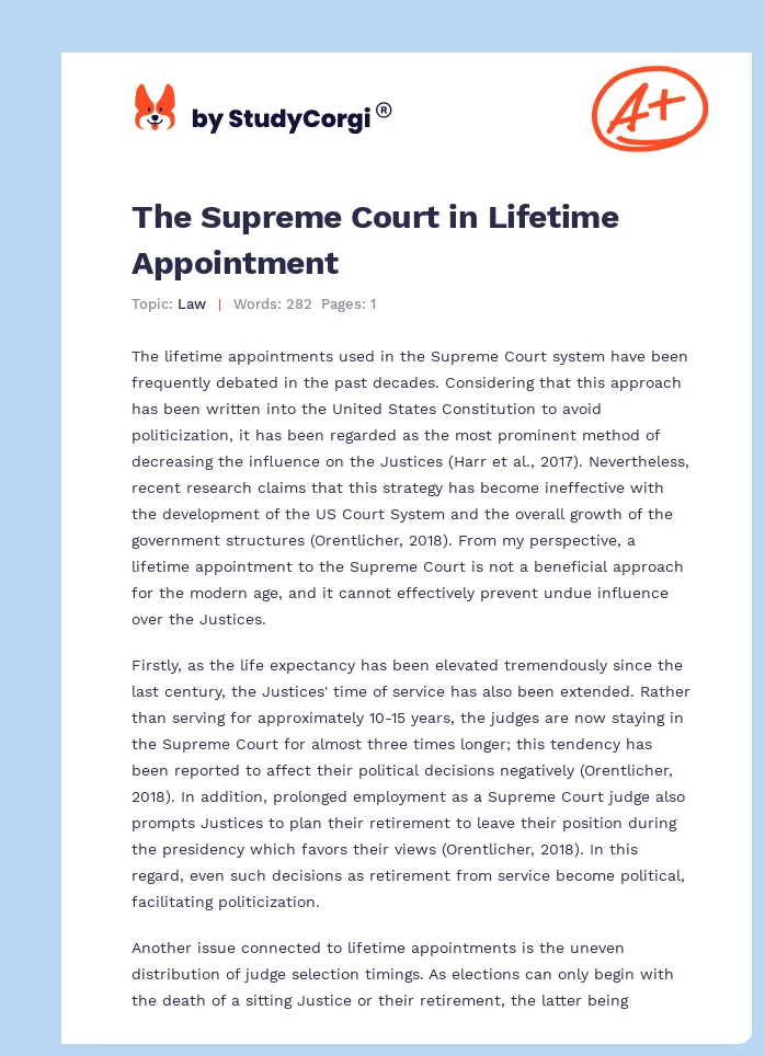 The Supreme Court in Lifetime Appointment. Page 1