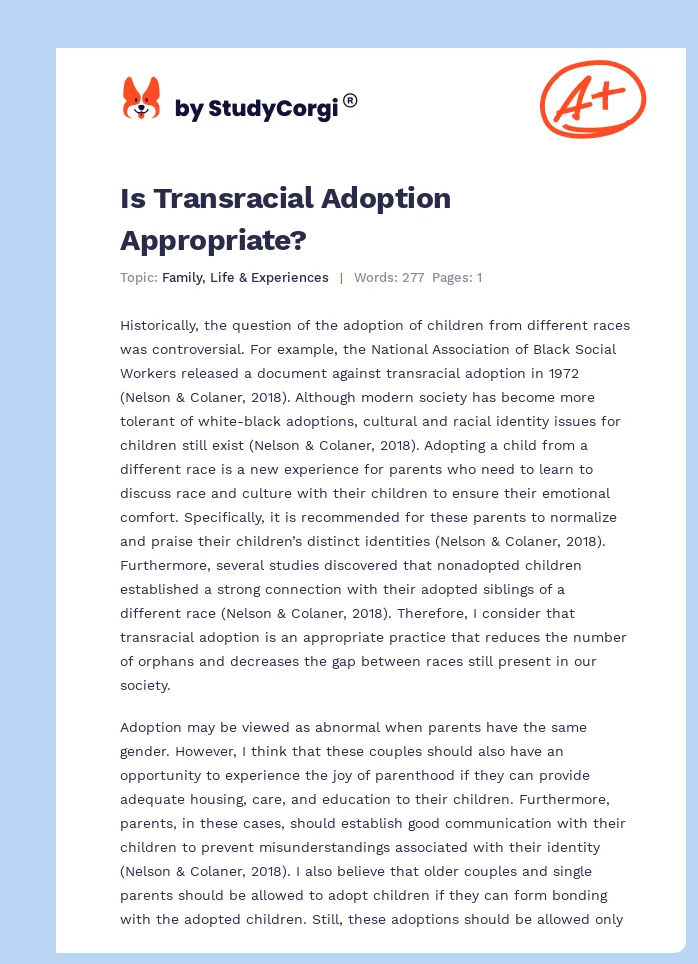 Is Transracial Adoption Appropriate?. Page 1