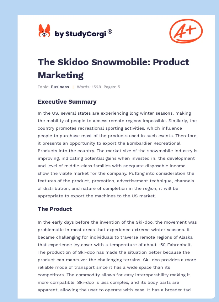 The Skidoo Snowmobile: Product Marketing. Page 1